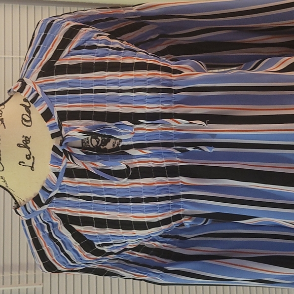 A.n.a Striped V Neck Blouse with Strings and Bell Sleeve - Picture 2 of 9